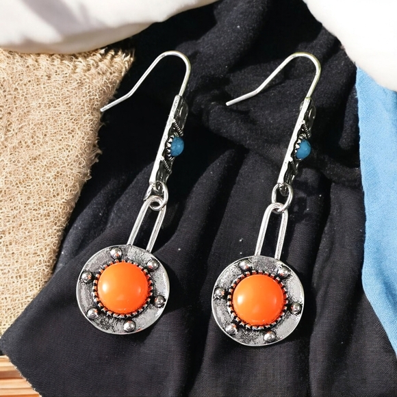 🆕️ Vintage Style Boho Drop Trendy Spring Earrings Orange Turquoise Accents - Picture 10 of 15